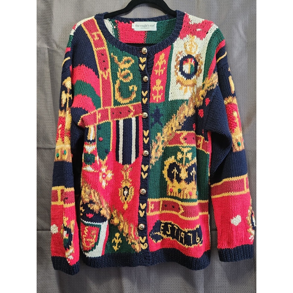 The Eagles Eye Royalty Crown Cardigan Sweater L King Queen Vintage 1991